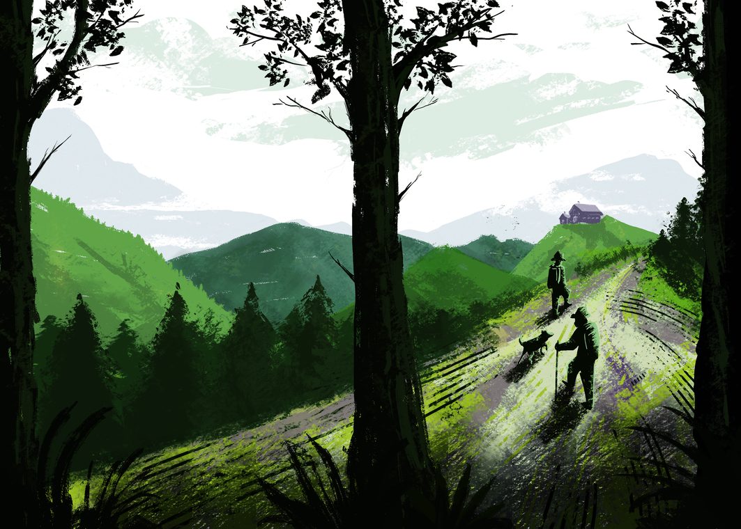 Charanik, painted landscape with two walkers